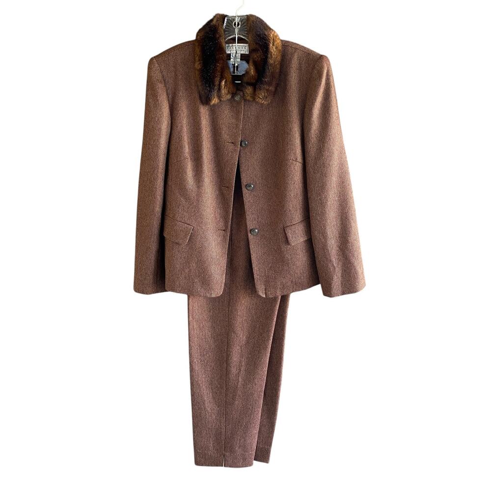TALBOTS Lambswool Suit 12 Faux Fur Collar Blazer Pants Wool Classic Preppy